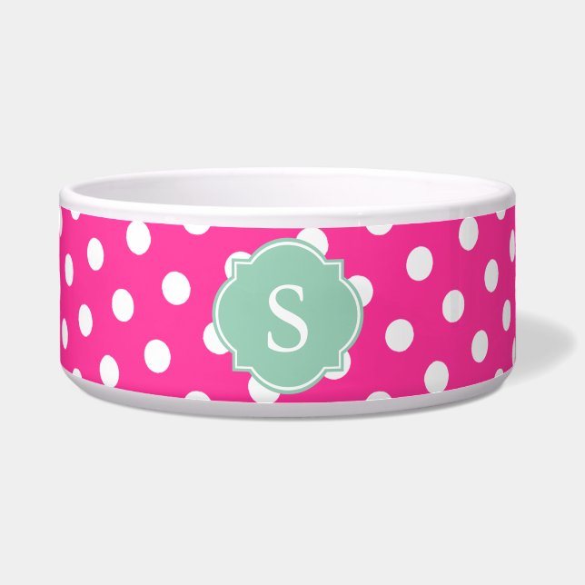 Pink and White Polka Dots Monogram Large Dog Bowl (Front)