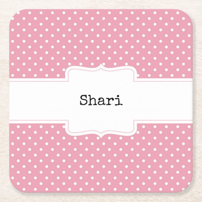 Pink and White Polka Dots Personalised  Square Paper Coaster (Front)