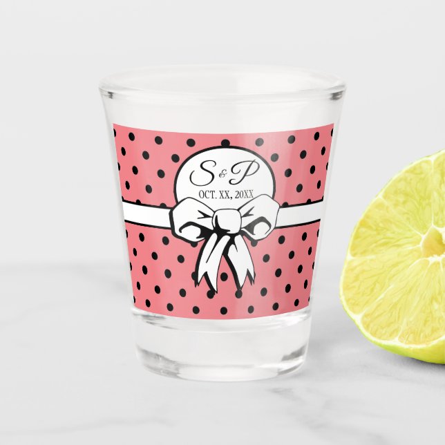 Pink and White Polka Dots with a Bow Personalised Shot Glass (Front)