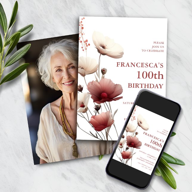 Pink and White Poppy 100th Birthday  Invitation (Creator Uploaded)