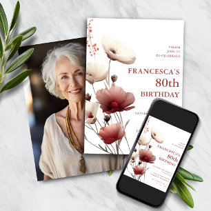 Pink and White Poppy 80th Birthday  Invitation