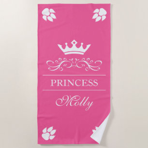 Pink And White Princess Crown & Dog Paws With Name Beach Towel