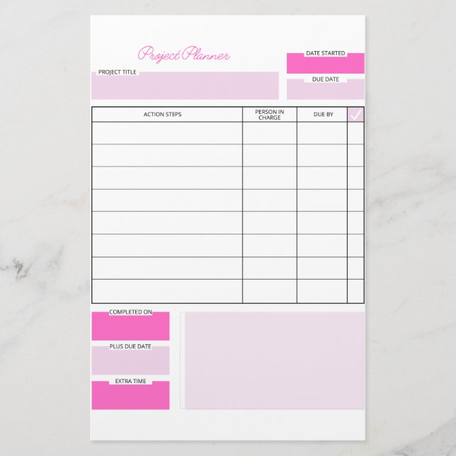 Pink And White Project Planner Sheet Stationery (Front)