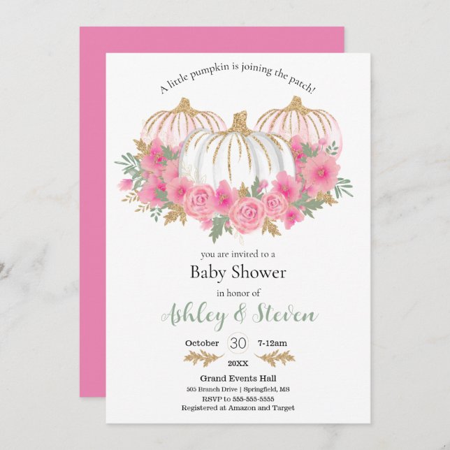 Pink and White Pumpkin Baby Shower Invitation (Front/Back)