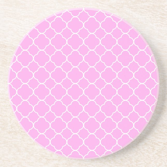 Pink And White Quatrefoil Pattern Coaster (Front)