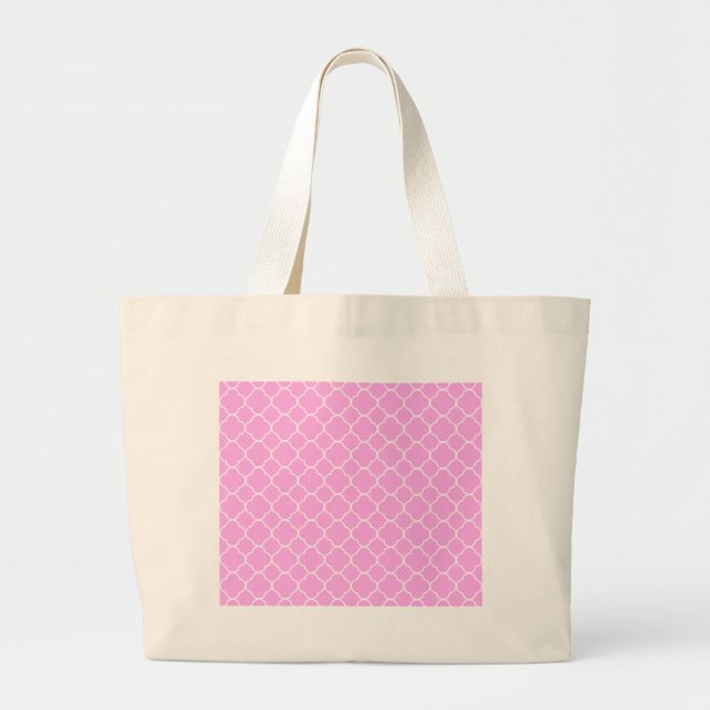 Pink And White Quatrefoil Pattern Large Tote Bag (Front)