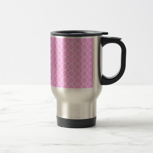 Pink And White Quatrefoil Pattern Travel Mug (Right)