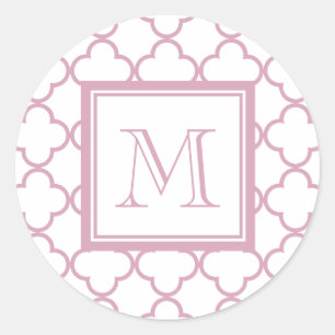 Pink and White Quatrefoil   Your Monogram Classic Round Sticker