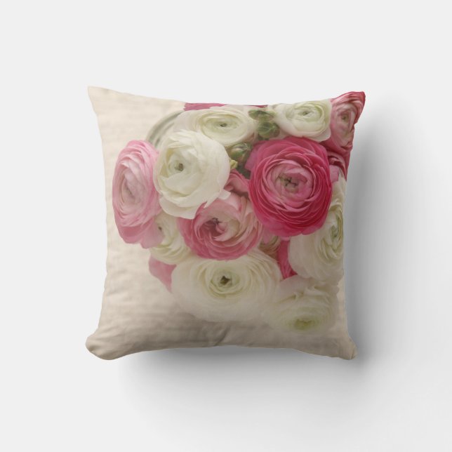 Pink and white ranunculus on script cushion (Front)