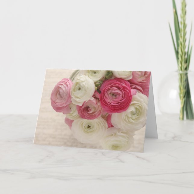 pink and white ranunculus on script greeting card (Front)