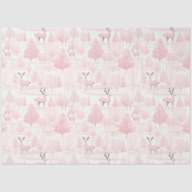 Pink and White Reindeer and Trees Christmas Tissue Paper (Front)