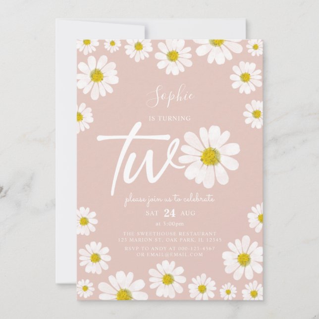 Pink and White Retro Daisy 2nd Birthday Invitation (Front)