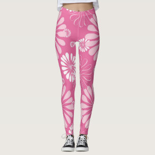 Pink and White Retro Floral Print Leggings