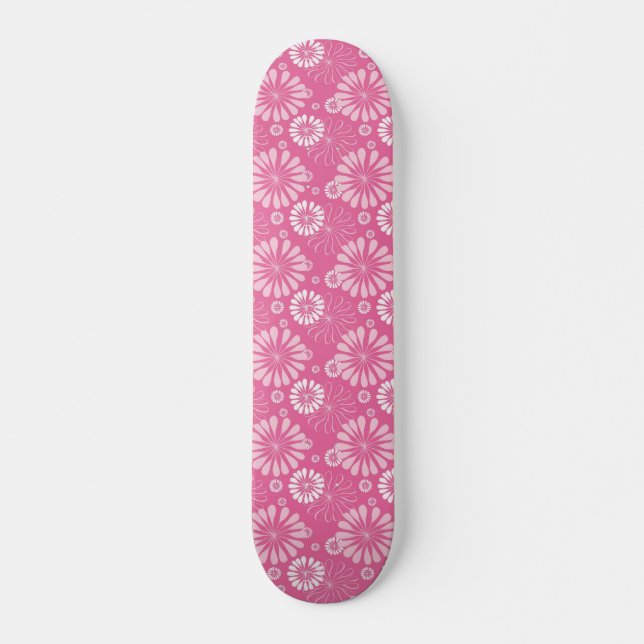 Pink and White Retro Floral Print Skateboard (Front)