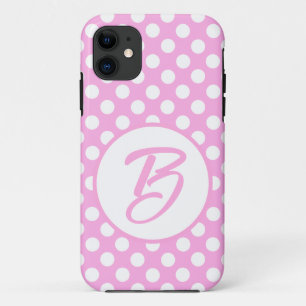 Pink and white retro polka dots, monogrammed    iPhone 11 case