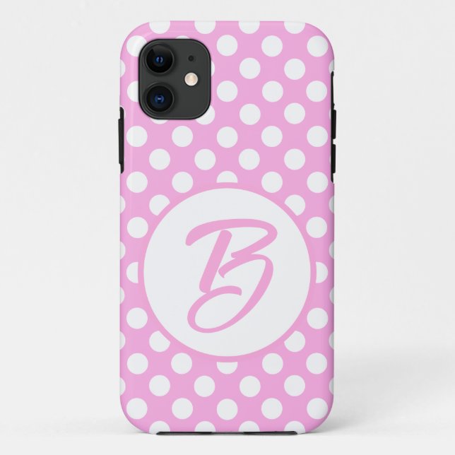 Pink and white retro polka dots, monogrammed    Case-Mate iPhone case (Back)