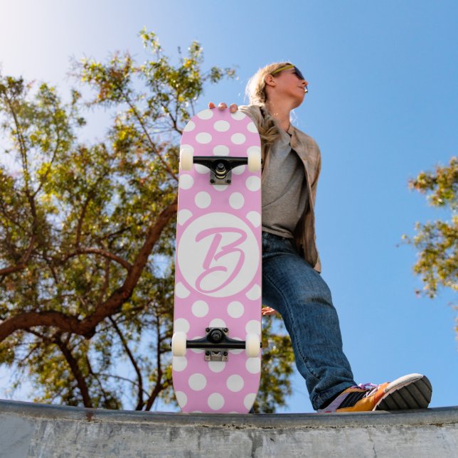 Pink and white retro polka dots, monogrammed    skateboard (Outdoor 1)