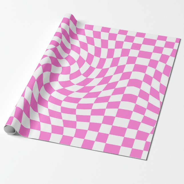 Pink And White Retro Warped Checks Chequered  Wrapping Paper (Unrolled)