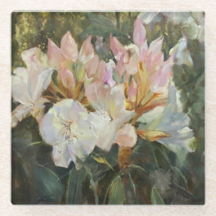 Pink and White Rhododendrons Deep Green Foliage Glass Coaster
