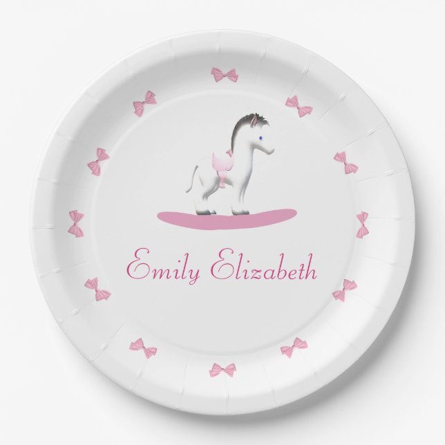 Pink and White Rocking Horse  Paper Plate (Front)