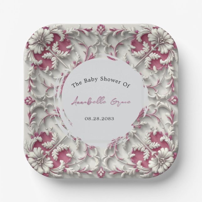Pink and White Rococo Baroque Girl Baby Shower Paper Plate (Front)