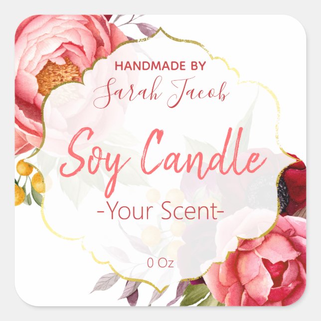 Pink And White Rose And Peony Soy Candle Labels (Front)
