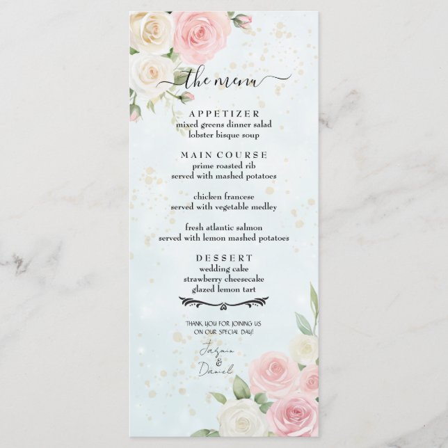 Pink and White Rose Blooms Wedding Menu (Front)