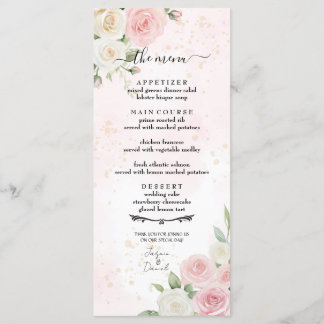 Pink and White Rose Blooms Wedding Menu