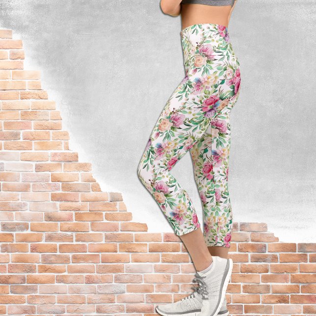 Pink and White Rose Bouquet on White Capri Leggings (Creator Uploaded)