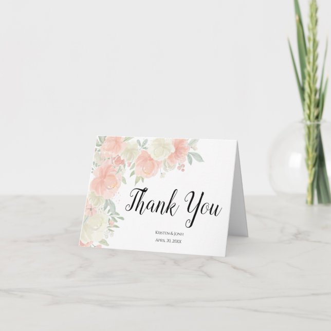Pink and White Rose Floral Rustic Thank you card (Front)