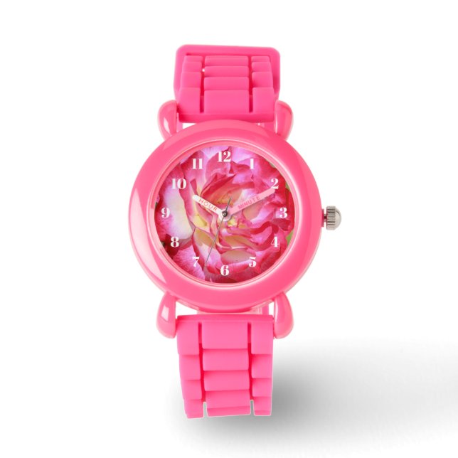 Pink and White Rose Girl's Glitter Pink Watch (Front)