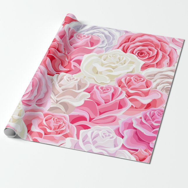 pink and white roses seamless pattern. Flowers tex Wrapping Paper (Unrolled)