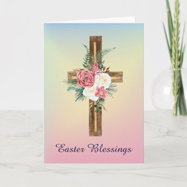 Pink and White Roses Wooden Cross Easter Card (Front)