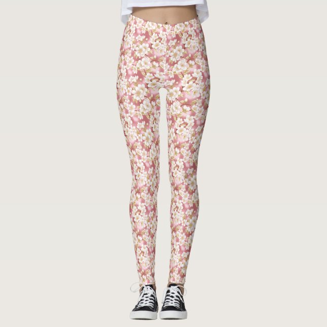 Pink and White Sakura Pattern Leggings (Front)