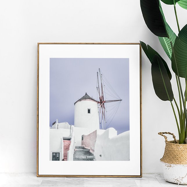 Pink and White Santorini Mill Photo Poster (Pink and White Santorini Mill Photo Poster in a wooden frame next to a large house plant.)