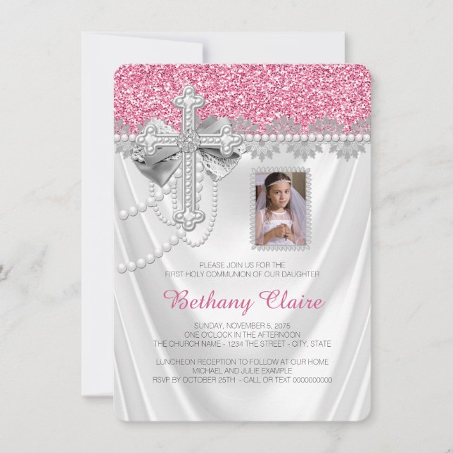 Pink and White Satin Glitter First Communion Invitation (Front)
