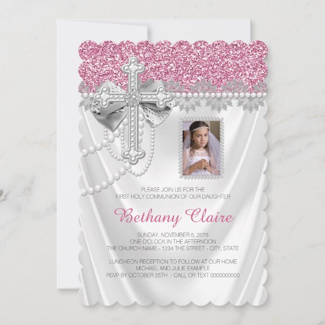 Pink and White Satin Glitter First Communion Invitation (Front)