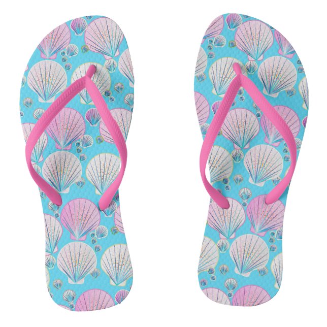 Pink and white sea shells on turquoise flip flops (Footbed)