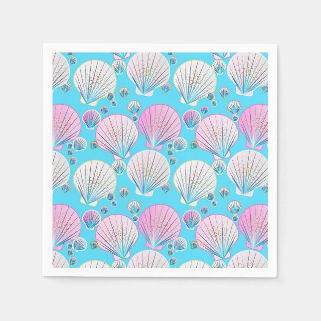 Pink and white sea shells on turquoise napkin (Front)