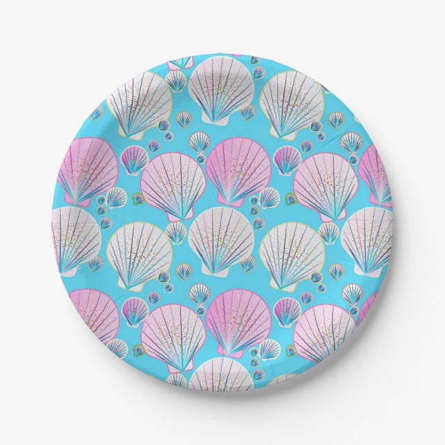 Pink and white sea shells on turquoise paper plate (Front)