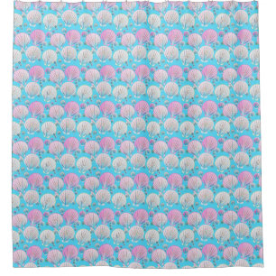 Pink and white sea shells on turquoise shower curtain