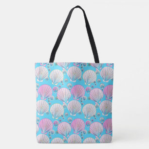 Pink and white sea shells on turquoise tote bag