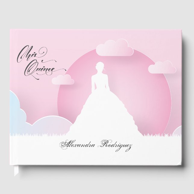 Pink and White Silhouette with Moon Quinceanera Guest Book (Front)