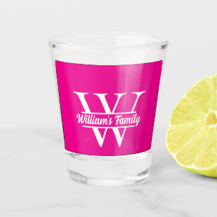 Pink and White   Simple Family Name Monogram  Shot Glass