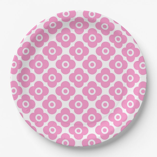 Pink and white simple floral pattern paper plate (Front)