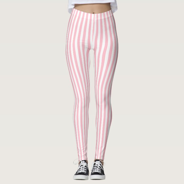 Pink and White Small Size Vertical Stripes Leggings (Front)