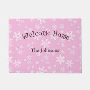 Pink and White Snowflakes Doormat