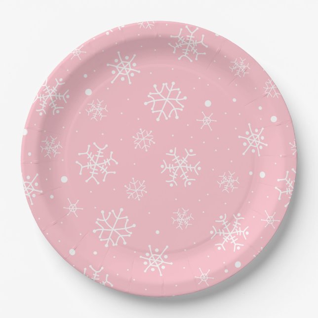 Pink and White Snowflakes Paper Plate (Front)