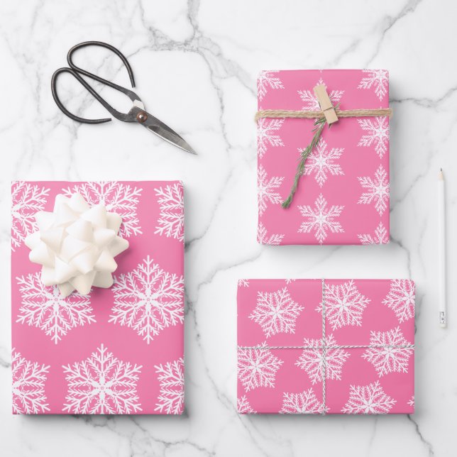 Pink and White Snowflakes Pattern Christmas Wrapping Paper Sheet (Front)