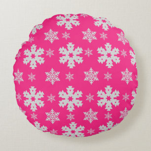 Pink and White Snowflakes, Round Throw Pillow